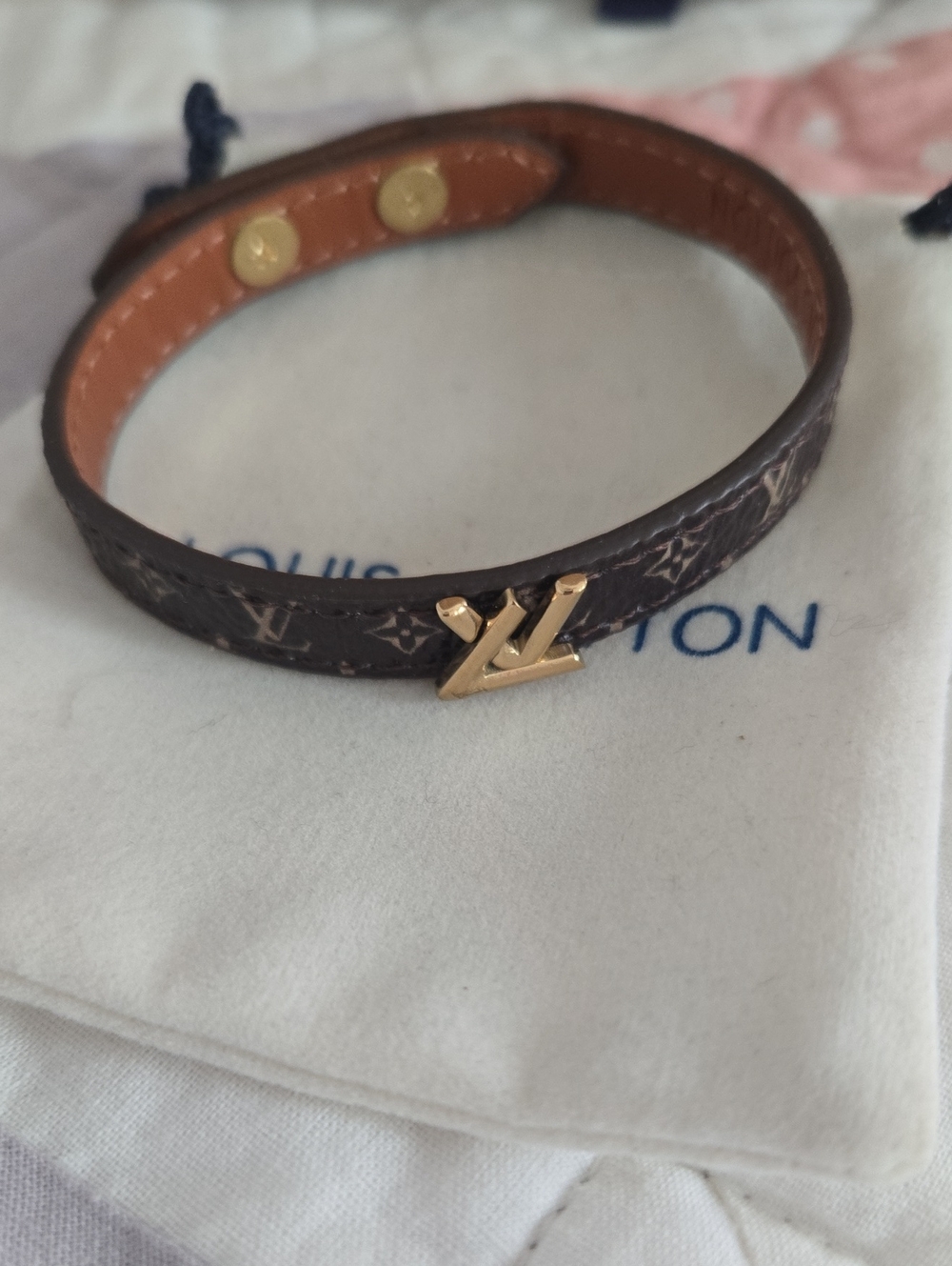 Brown Monogram Bracelet with Gold LV Charm